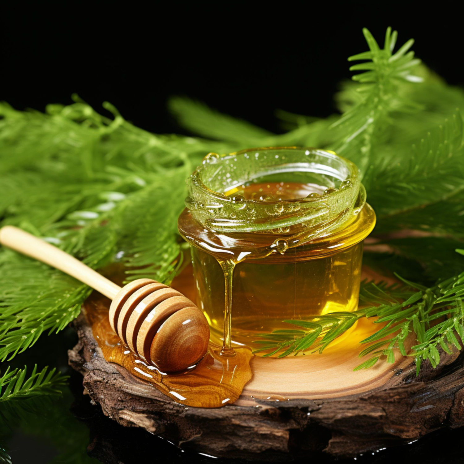 Ahşap masada cam kavanozlarda süzme ballar; çam balının tipik koyu amber tonlarından örnekler